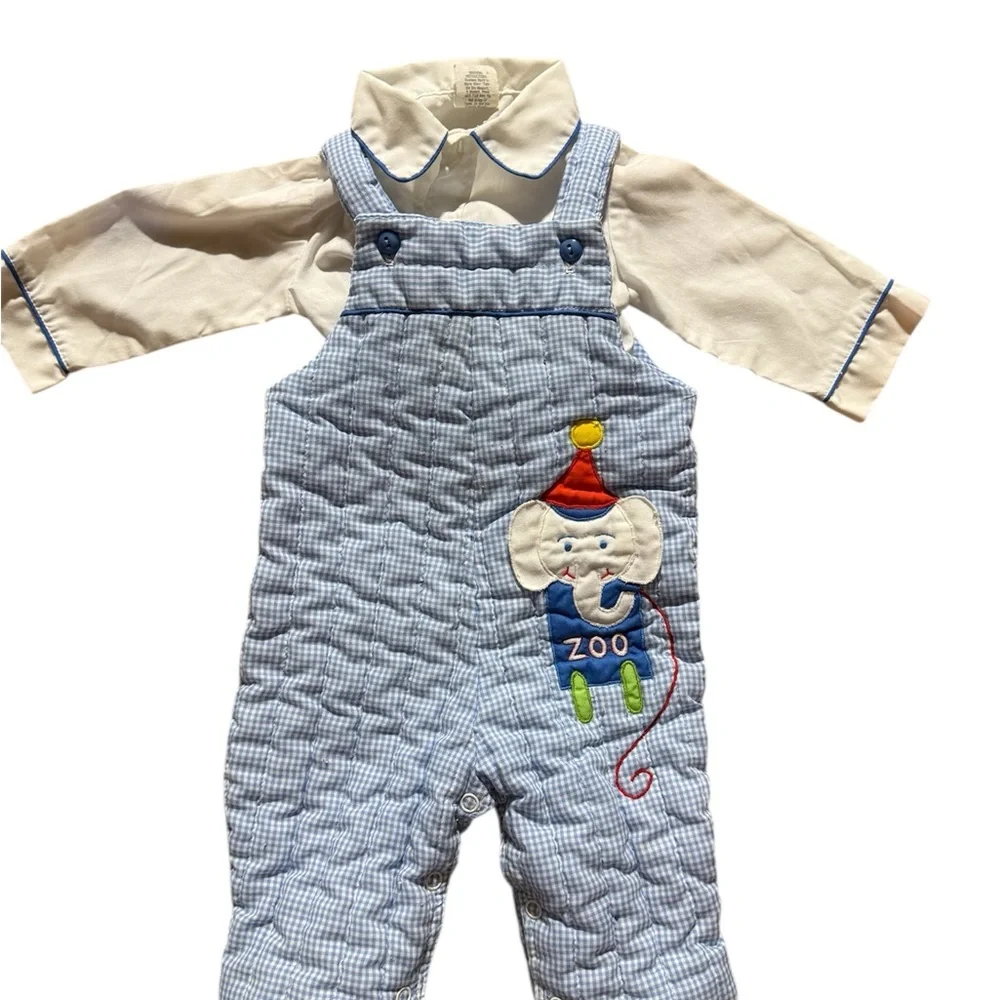 • VTG‎ 70s 80s Gingham Quilted Overalls & Shirt Set 3-6M Elephant